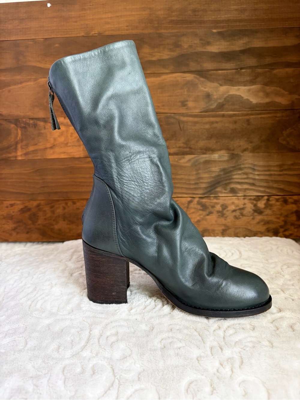 FREE PEOPLE Elle Block Heel Boots Sz 37 US 7 Teal Leather Slouch Leather Boho - Picture 4 of 16